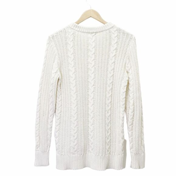 LL Bean Ivory Cable Knit Sweater Button Shoulder Fisherman Pullover Size Medium - Picture 5 of 15